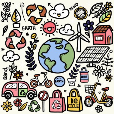 Geri dönüşüm, yenilenebilir enerji, bisikletler, rüzgar türbinleri, güneş panelleri ve doğa ile çevrili mutlu bir dünya gibi eko yaşam tarzı temalarını içeren el çizimi çizimi tasvir..