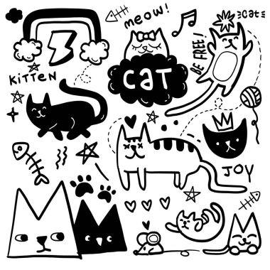 A hand drawn doodle collection featuring playful and whimsical cats in various poses along with cute elements like fish bones stars and joyful expressions clipart