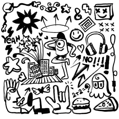 A hand drawn doodle featuring rough, bold strokes with playful and cool elements like stars, headphones, burgers, and abstract shapes in a fun and energetic style clipart