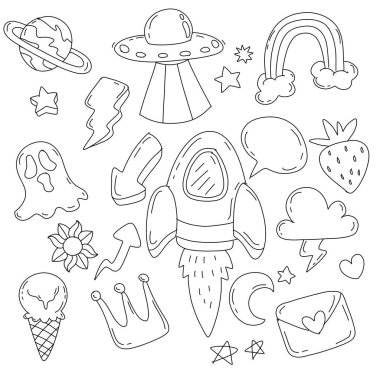 A minimalist hand drawn doodle featuring thin lines and simple elements like a UFO, rocket, rainbow, and planets in a clean and playful style clipart