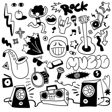 Gitarlar, kulaklıklar, mikrofonlar ve hoparlörler gibi çeşitli müzik aletleri ve eğlenceli unsurların yer aldığı bir el çizimi.
