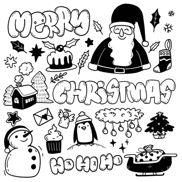 Noel Baba, kardan adam, Noel ağacı, şenlikli süsler ve eğlenceli ve eğlenceli bir Noel ziyafeti içeren bir el çizimi..