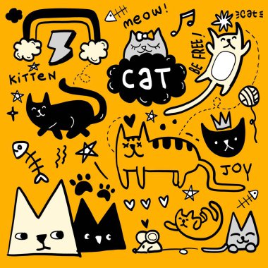 Çeşitli ifadelere sahip el çizimi kedi karalamalarının eğlenceli bir koleksiyonu, parlak sarı bir grupta eğlenceli metinler ve şirin simgeler