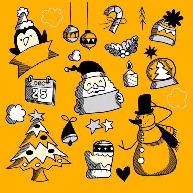 Playful hand drawn Christmas doodles featuring Santa, snowman, penguin, gifts, and festive symbols on a bright yellow background. clipart