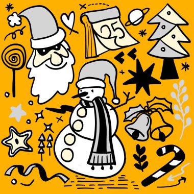 Playful hand drawn Christmas doodles featuring Santa, snowman, penguin, gifts, and festive symbols on a bright yellow background. clipart