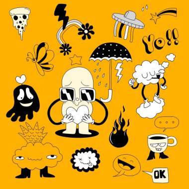 Sarı arka planda tuhaf karakterler, emojiler ve bulutlar, UFO 'lar, ateş ve pizza gibi eğlenceli sembollerin yer aldığı oyuncu el çizimleri..
