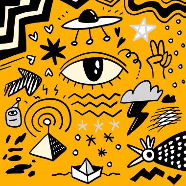 Intriguing hand drawn doodles featuring abstract symbols like a large eye, UFO, lightning, clouds, and various shapes on a yellow background. clipart