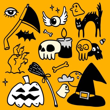 El çizimi Cadılar Bayramı temalı karalamalar kafatası, hayalet, balkabağı, cadı şapkası ve sarı arka planda siyah kediler gibi ürkütücü semboller içeriyor.