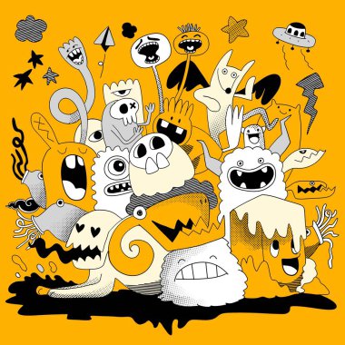 Canlı bir karalama koleksiyonu. Garip canavarlar, oyuncu ifadeler ve parlak bir arkaplanda siyah, beyaz ve sarı soyut şekiller.