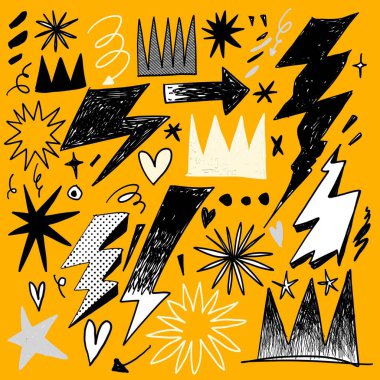 Cesur yıldırımlar, yıldızlar, taçlar ve parlak sarı arka planda siyah beyaz oklar içeren el çizimleri.