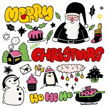 Noel Baba, kardan adam, penguen ve beyaz arka planda izole edilmiş bayram unsurlarının yer aldığı renkli el çizimleri