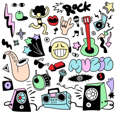 Müzikal simgelerin ve pop sanatının beyaz arka planda izole edilmiş sembollerinin karalama çizimi eski kültürü kutluyor..