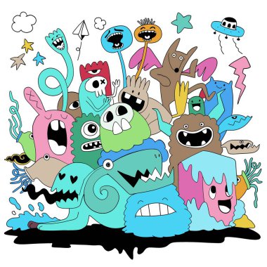 Vibrant collection of cartoon monsters and quirky characters with funny expressions isolated on white background clipart