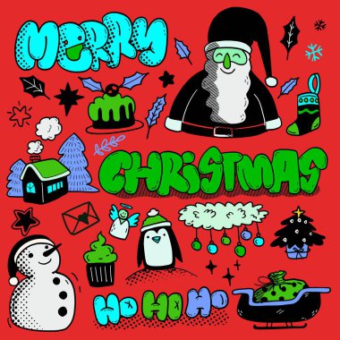 Noel Baba, kardan adam, dekorasyon ve bayram sembolleriyle Noel karalamaları çizen şen el, neşeli bayram temaları için kırmızı arka planda izole edilmiş.