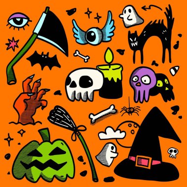 Oyuncak el çizimleri, kafatası, hayalet, cadı şapkası ve turuncu bir arkaplanda şenlik tasarımları için izole edilmiş ürkütücü sembollerin yer aldığı Cadılar Bayramı karalama simgeleri.