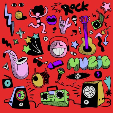 Playful hand drawn music-themed doodle icons featuring guitars, speakers, and fun symbols, isolated on a red background for vibrant and creative designs clipart