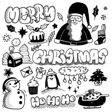 Noel Baba, kardan adam ve bayram tasarımı için beyaz bir arka planda izole edilmiş, yarı ton efektli şenlikli dekorasyonların yer aldığı oyuncu el çizimleri.