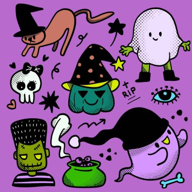 Playful hand drawn Halloween doodle icons featuring cute ghosts, witch hats, a cat, and spooky symbols, isolated on a purple background for festive designs clipart