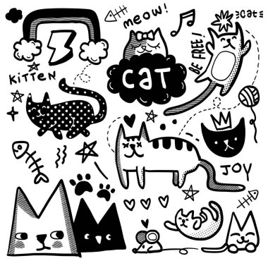 Oyuncu el çizimi kedi karalama simgeleri çeşitli pozlar ve ifadeler, yarı ton etkisi, yaratıcı ve eğlenceli tasarım için ideal