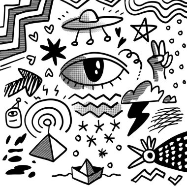 A creative set of surreal doodles with Halftone effect, featuring an eye, UFO, hand sign, and abstract patterns for artistic projects clipart