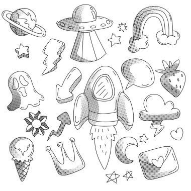 A whimsical set of space and fantasy doodles with Halftone effect, featuring rockets, UFOs, stars, and playful symbols for creative projects clipart