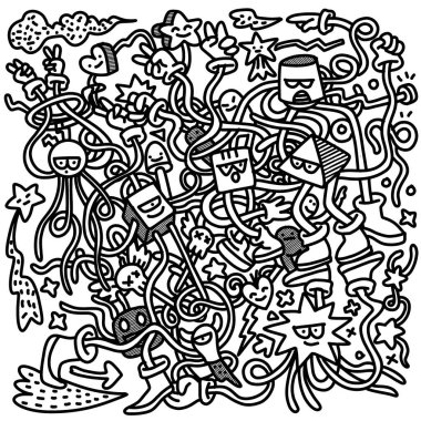 kaotik ve kaprisli siyah ve beyaz karalama çeşitli soyut karakterler, yıldızlar ve girdap çizgileri, oyuncu ve enerjik sahne yaratmak.