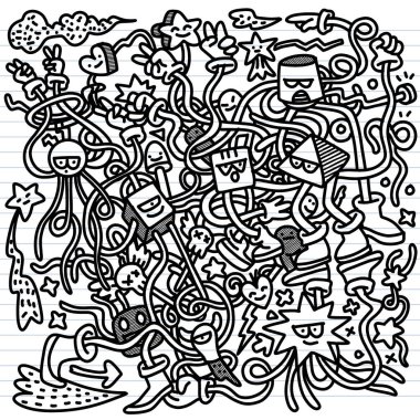 kaprisli karakterler, yıldızlar ve soyut şekiller içeren, kaotik ama eğlenceli bir tasarıma sarılmış oyuncu siyah ve beyaz karalama. enerjik illüstrasyon çizilmiş arka plana göre ayarlanır.