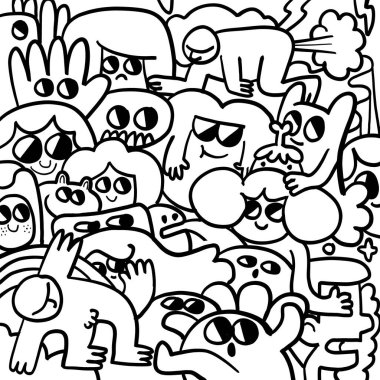 Oyuncu siyah ve beyaz karalama sanatı çeşitli çizgi film karakterleri ifade edici yüzleri ve tuhaf tasarımları ile, canlı ve yaratıcı sahne oluşturur.