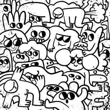 Tuhaf karakterler ve soyut şekiller içeren oyuncu siyah beyaz karalama sanatı. İllüstrasyon anlamlı yüzler ve tuhaf elementlerle dolu, canlı ve eğlenceli bir atmosfer yaratıyor..