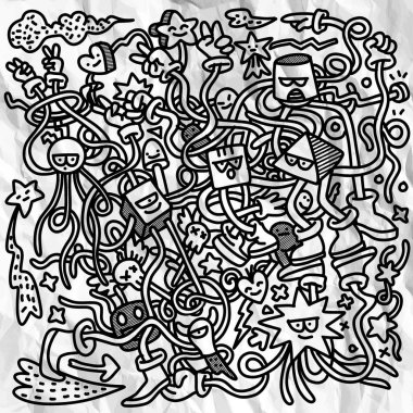 Kaprisli karakterler, yıldızlar ve soyut şekiller içeren hareketli siyah ve beyaz karalama sanatı oyuncu ve kaotik tasarımla iç içe geçmiştir..