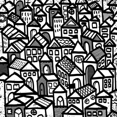 Çeşitli geometrik binalarla dolu yoğun bir şehir manzarasının canlı siyah beyaz çizimi, çeşitli mimari tarzlar ve desenler sergiliyor..