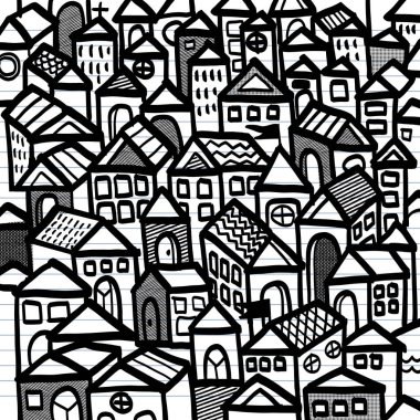 Çeşitli geometrik binalarla dolu yoğun bir şehir manzarasının canlı siyah beyaz çizimi, çeşitli mimari tarzlar ve desenler sergiliyor..