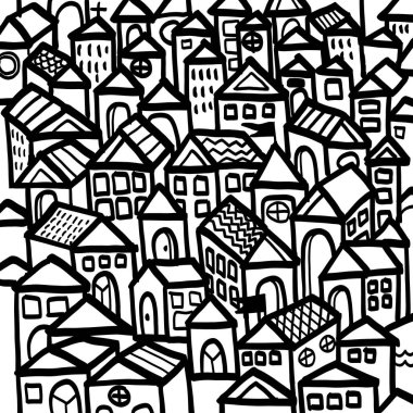 Çeşitli geometrik binalarla dolu yoğun bir şehir manzarasının canlı siyah beyaz çizimi, çeşitli mimari tarzlar ve desenler sergiliyor..