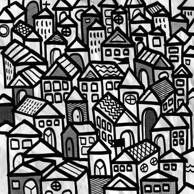 Çeşitli geometrik binalarla dolu yoğun bir şehir manzarasının canlı siyah beyaz çizimi, çeşitli mimari tarzlar ve desenler sergiliyor..