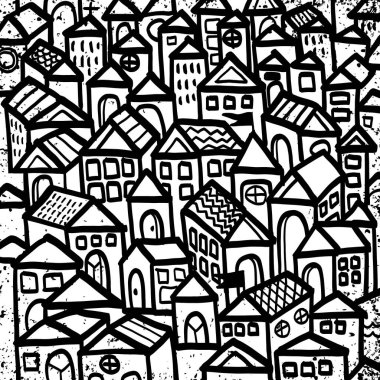 Çeşitli geometrik binalarla dolu yoğun bir şehir manzarasının canlı siyah beyaz çizimi, çeşitli mimari tarzlar ve desenler sergiliyor..