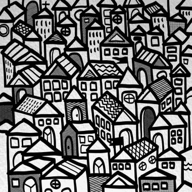 Çeşitli geometrik binalarla dolu yoğun bir şehir manzarasının canlı siyah beyaz çizimi, çeşitli mimari tarzlar ve desenler sergiliyor..