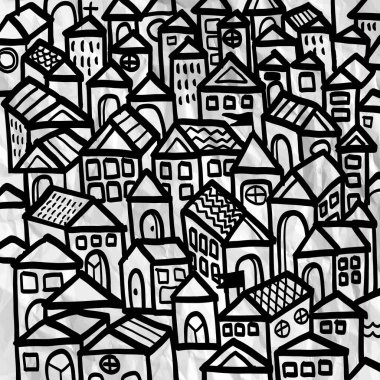 Çeşitli geometrik binalarla dolu yoğun bir şehir manzarasının canlı siyah beyaz çizimi, çeşitli mimari tarzlar ve desenler sergiliyor..