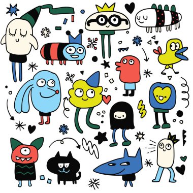 A Cute and colorful cartoon characters with various expressions and shapes, including animals and whimsical figures, create playful and cheerful atmosphere clipart