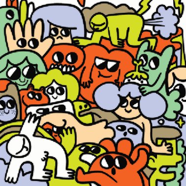 Değişik şekiller ve ifadeler sergileyen neşeli, hareketli kalabalık içindeki renkli soyut karakterler. Hayat dolu sahne neşe ve yaratıcılık hissi uyandırıyor.