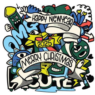 A Colorful illustration featuring festive elements for New Year and Christmas celebrations, including playful characters and vibrant designs, conveying joy and excitement for 2025 clipart