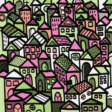 A Colorful abstract cityscape illustration featuring various houses and buildings in pink, green, and white tones, creating vibrant and playful urban scene clipart