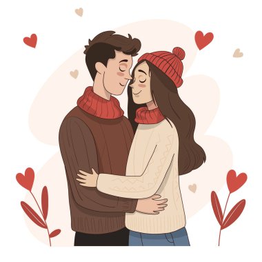 Romantik bir kucaklaşmayı paylaşan genç bir çiftin tasviri, eşarp ve şapkalarla sıcacık giyinmiş, kalpleri ve aşk temalı dekorlarla çevrili..