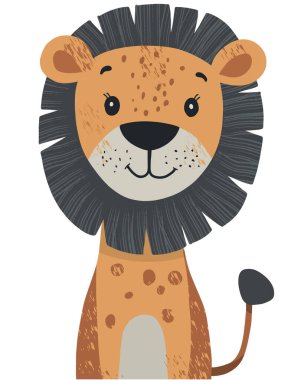 Playful illustration of a lion with a dark mane and cheerful smile, drawn in a whimsical, hand-crafted artistic style clipart