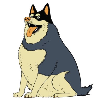 Humorous cartoon illustration of a Siberian Husky with a bulky body, playful expression, sharp teeth, and tongue sticking out, drawn in a vintage comic style. clipart