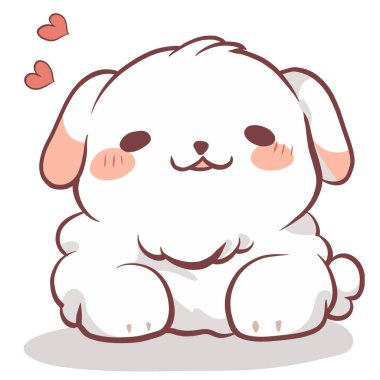 Yumuşak beyaz önlüklü, mutlu yüzlü, etrafı kalplerle çevrili, neşeli ve sevecen bir köpek.