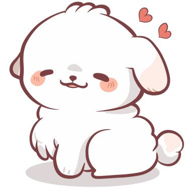 Şirin bir çizgi film köpeği, tüylü beyaz önlüklü, mutlu bir şekilde gülümseyen ve kalplerle çevrili, neşeli ve neşeli bir havası olan.