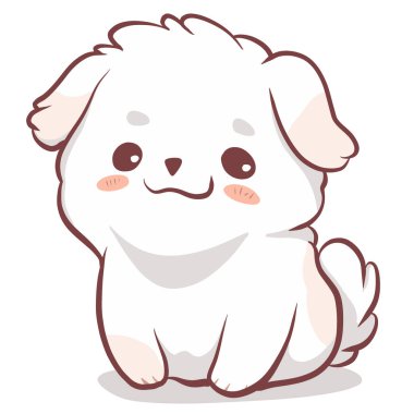 Tüylü beyaz kürklü şirin bir çizgi film köpeği, mutlu mesut oturuyor ve sevimli görünüyor. Bu büyüleyici karakter neşe ve sıcaklık yayıyor, evcil hayvan severler için mükemmel.