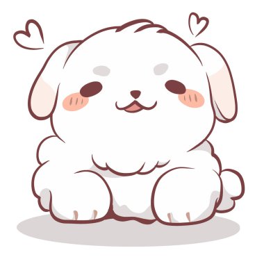 Yumuşak beyaz kürklü şirin bir çizgi film köpeği, etrafında kalpleri olan mutlu bir şekilde oturuyor.