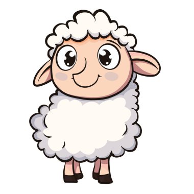 Kocaman gözleri ve tüylü yünü olan sevimli bir koyun, mutlu bir şekilde gülümsüyor. Bu sevimli karakter çocuk çizimleri ve eğlenceli tasarımlar için mükemmel.