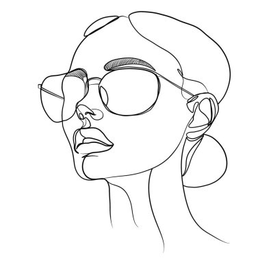 Güneş gözlüğü takan, zarafet ve tarz gösteren minimalist bir kadın çizimi. Sanat eserleri modern estetiği temiz çizgiler ve basitlikle yakalar